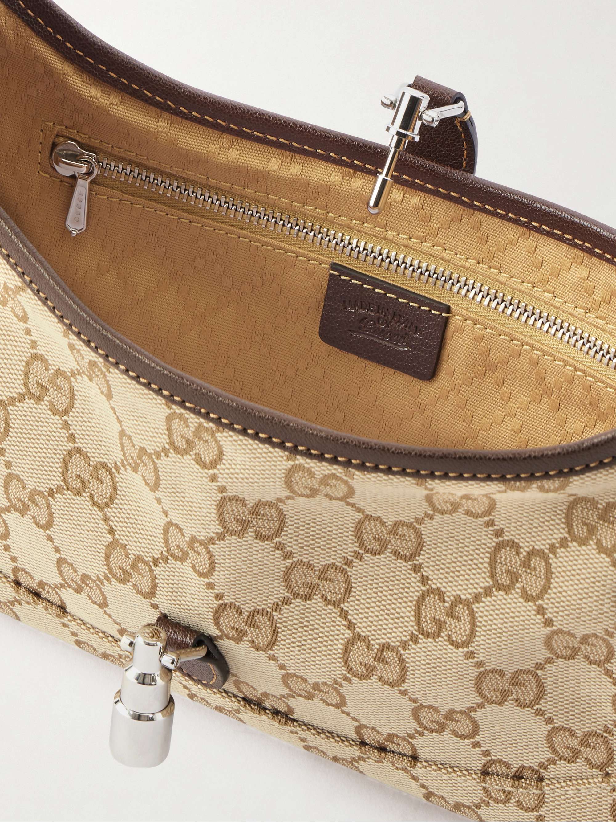 GUCCI Jackie Slim Small leather-trimmed canvas-jacquard shoulder