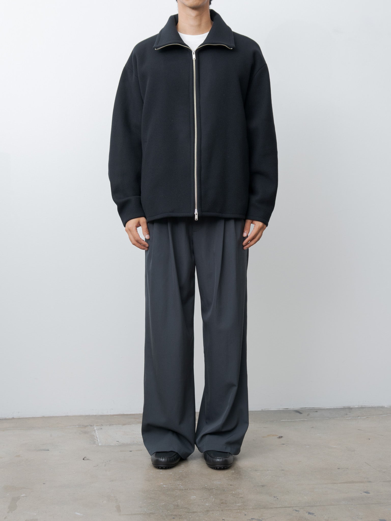 Namu Shop - Yoke Melton Stand Collar Zip Blouson - Black