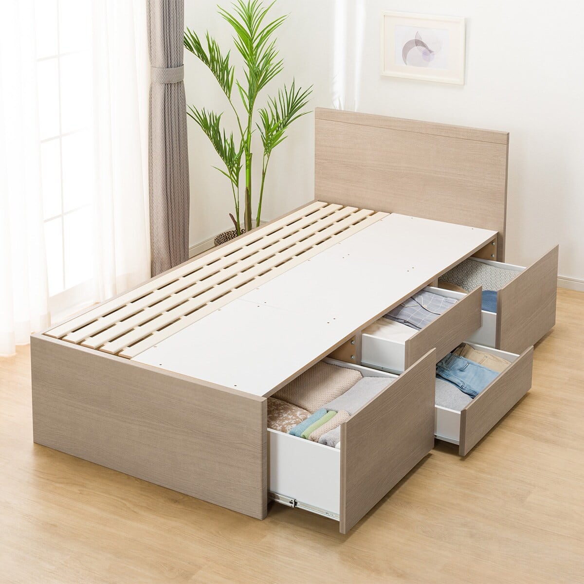 大容量収納付き】すのこチェストベッドフレーム(シングル N-ジオF GW