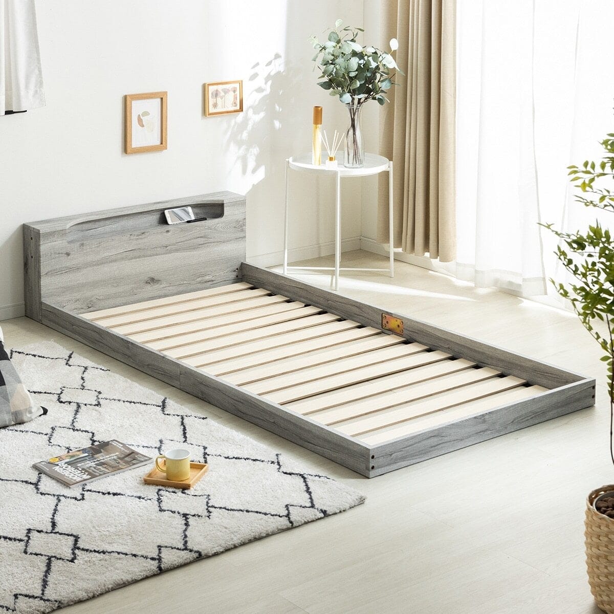 ダブル 棚・照明・コンセント付きフロアベッドフレーム (ORO GY