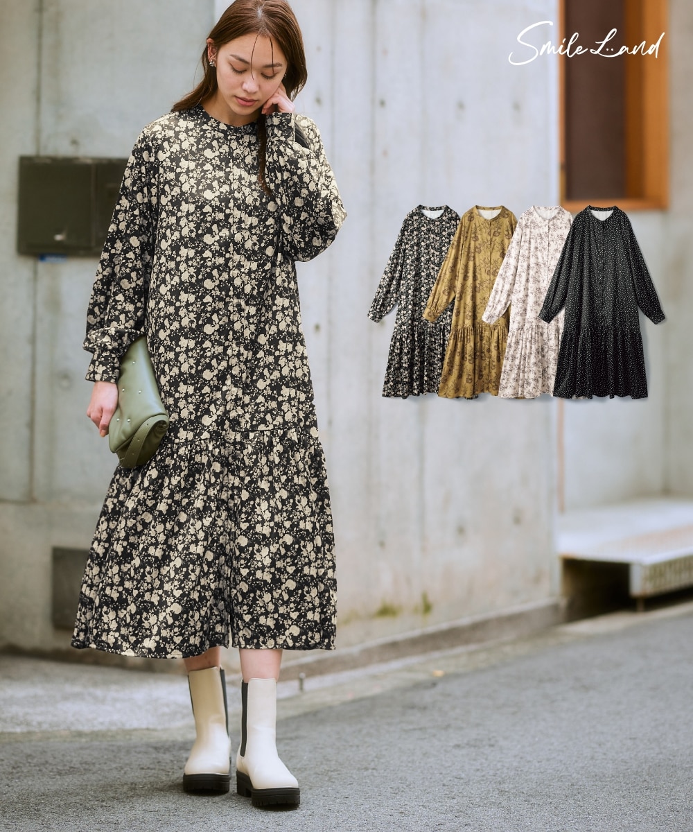 大きいサイズ＞ ゆるシルエット切替デザインサテンプリントワンピース