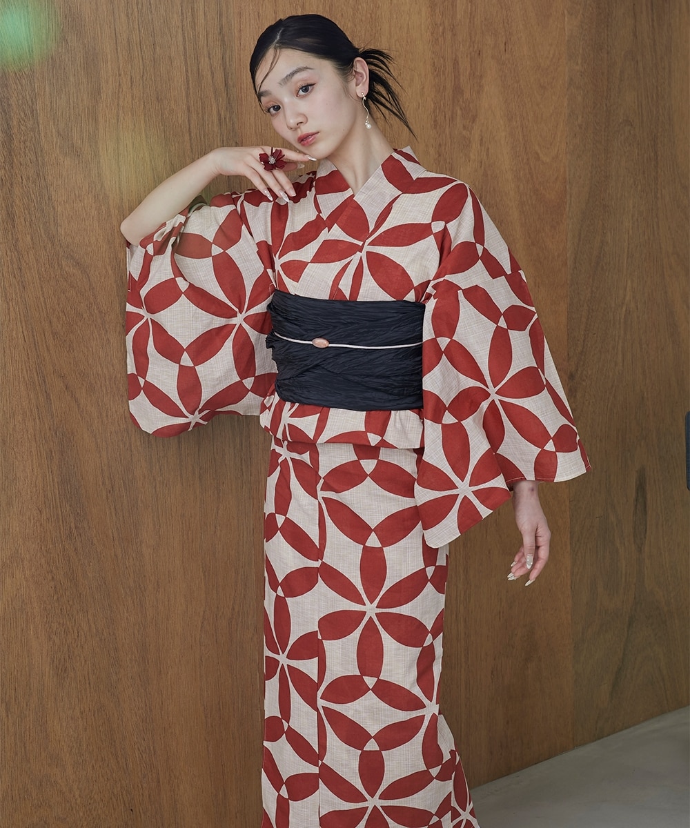 浴衣】古典柄綿麻ゆかた5点セット（ゆかた＋へこ帯＋下駄＋帯どめ＋