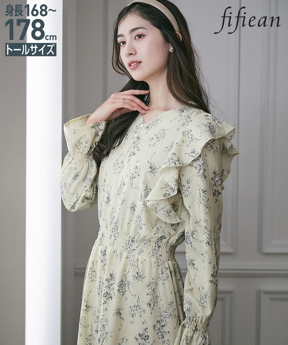 高身長 ショルダーフリルプリントマキシワンピース（トールサイズ