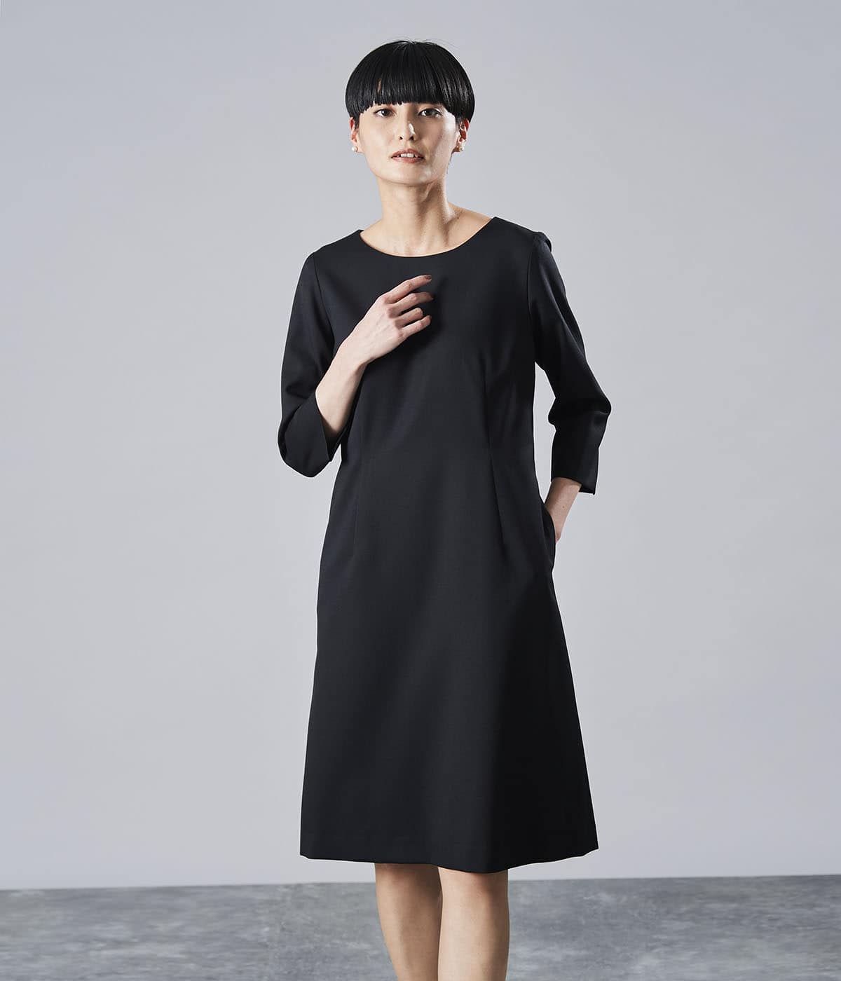ウールギャバ 7分袖Aラインワンピース(26429000-2023)｜ファッション