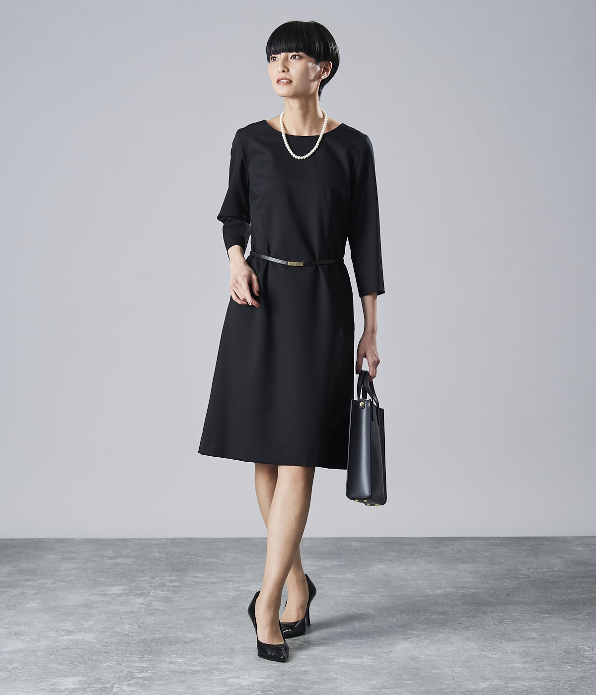 ウールギャバ 7分袖Aラインワンピース(26429000-2023)｜ファッション