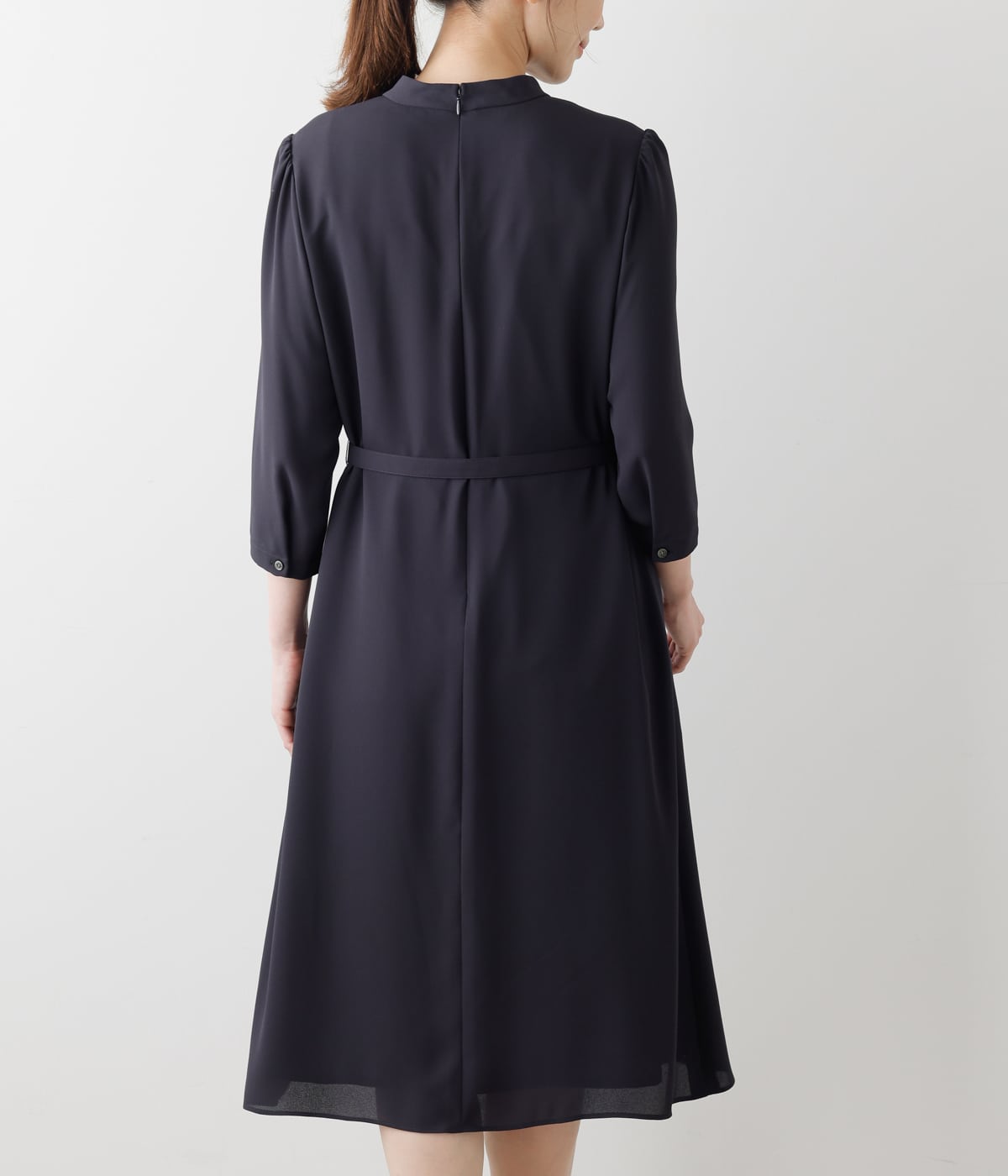 L】ポリエステルソフトクロス 7分袖ボウタイ風ワンピース(54443155