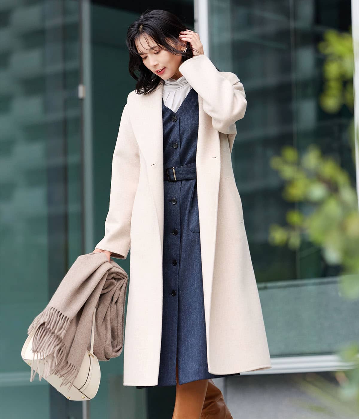 L】ウールナイロンリバー ショールカラーロングコート(54516170-2025