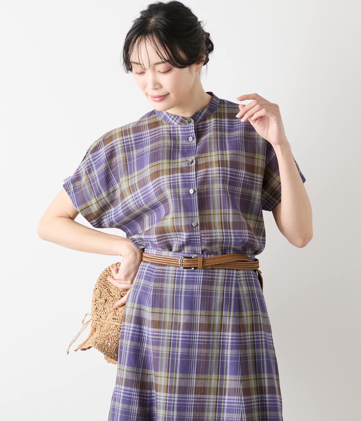 L】リネン混マドラスチェック ドルマンスリーブブラウス(54655263-2025