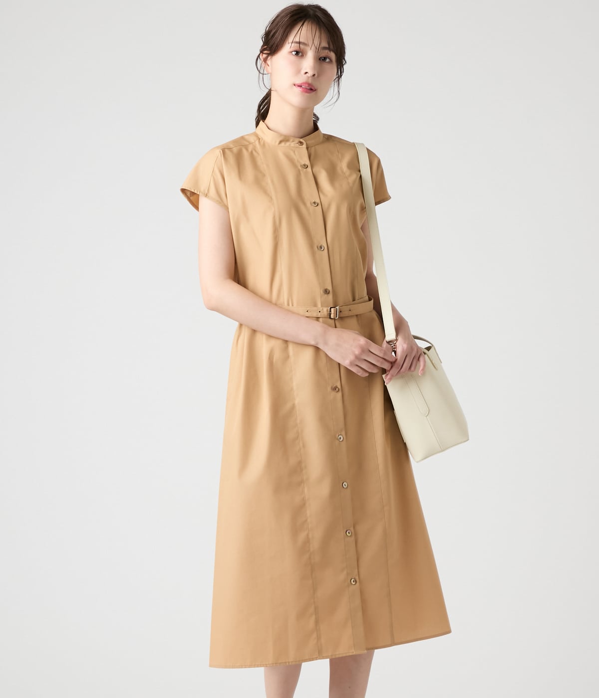 ウォッシャブル】TCシャンブレー フレンチスリーブシャツワンピース