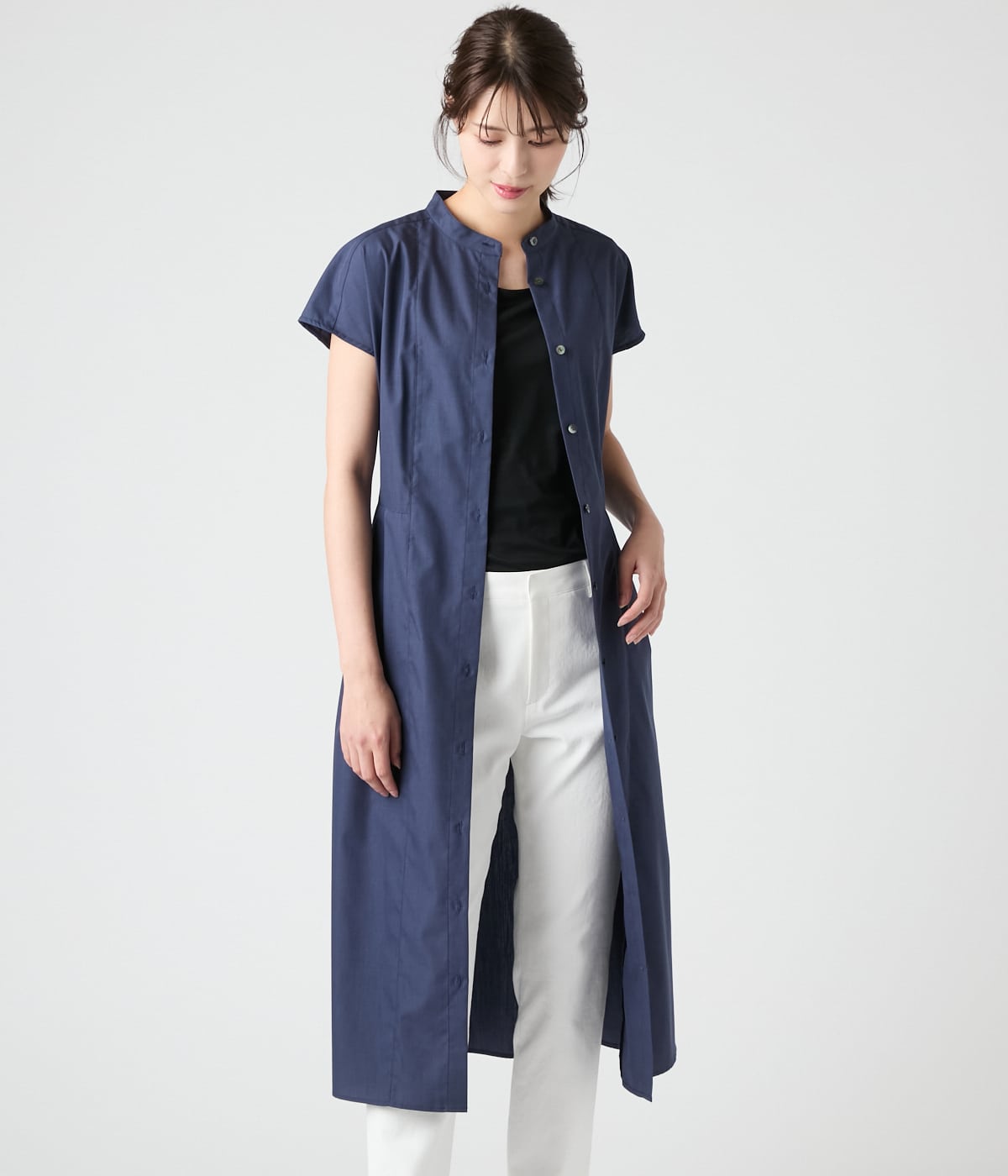 ウォッシャブル】TCシャンブレー フレンチスリーブシャツワンピース