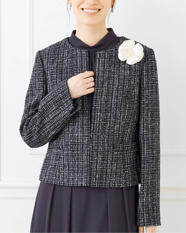 ネイビー】チェックツイード ノーカラージャケット バックサテンジョー