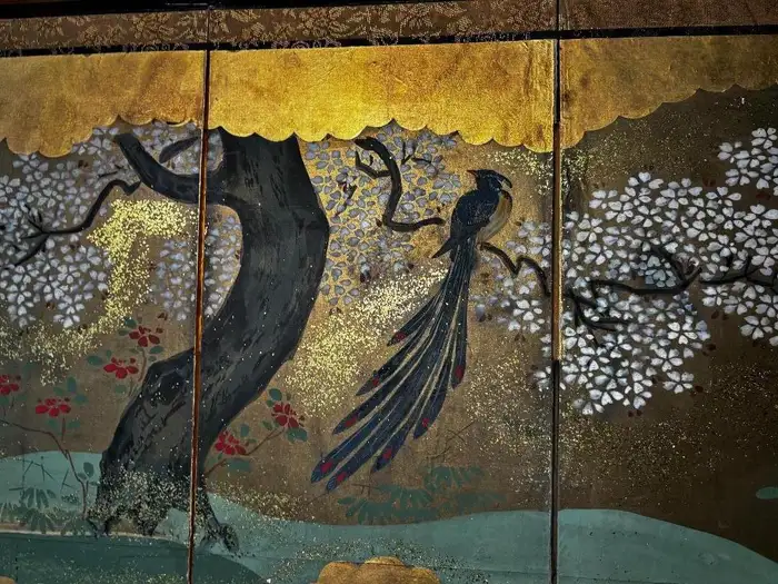 Japanese Brilliant Blue Bird Of Paradise Gold Screen, 48 inches