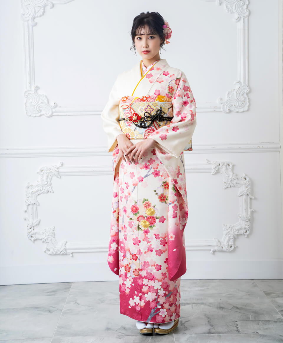 白・クリーム地ピンク桜-王朝G[ES0021] | 成人式振袖レンタル京都さがの館