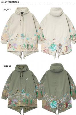 コットン/ナイロンパネル刺繍モッズコート go slow caravan 340206