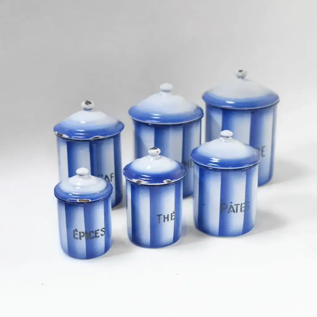 アンティーク フレンチホーローキャニスターセット/ブルーストライプ