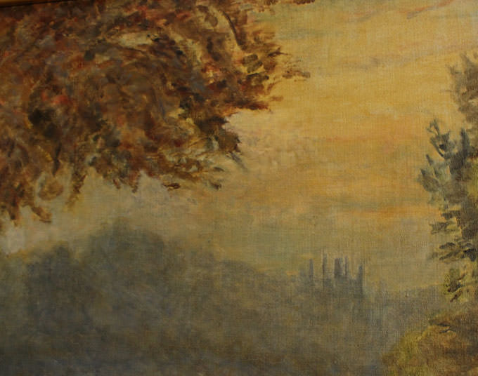 〇アンティークオイルピクチャー・夕暮れの風景(油絵) アンティーク