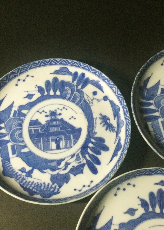 中国古玩 大清成化年 取皿 山水人物図 染付青磁 五客セット 中国古玩