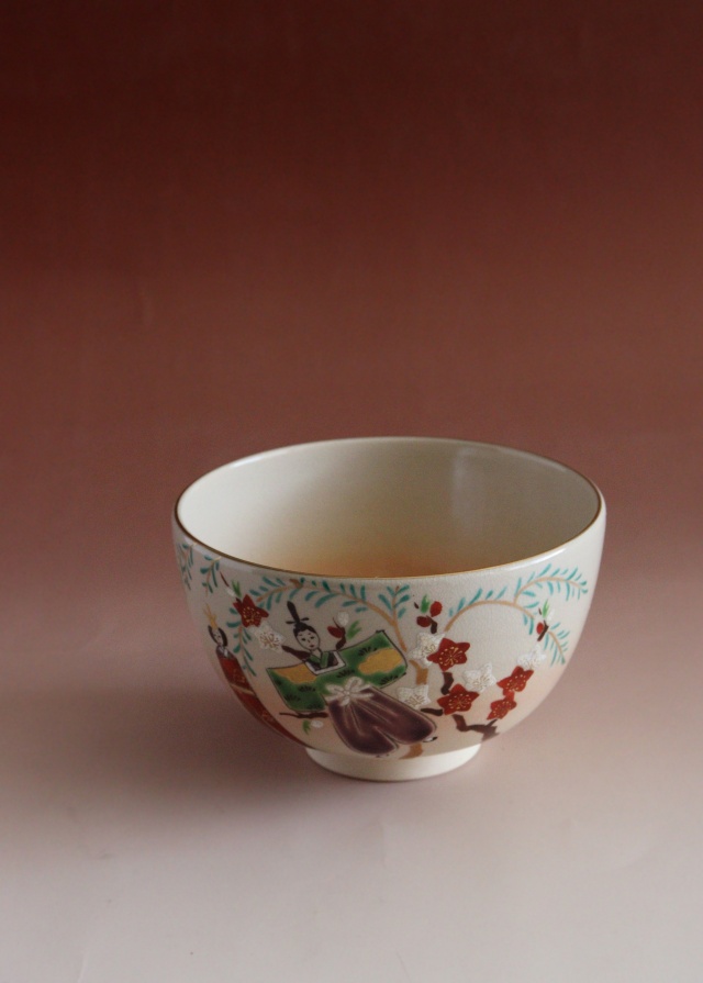 御節句柳桃雛絵茶碗 中村陶彩作茶碗 京焼 茶道具 抹茶碗 お正月 鶴松