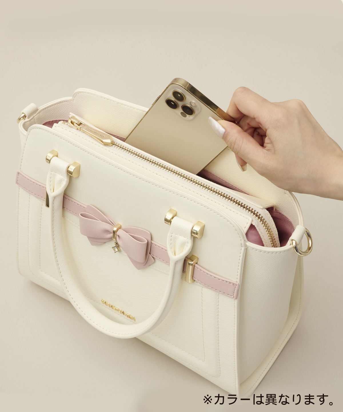 バイカラーアクセントリボンハンドバッグ(FREE ブラック