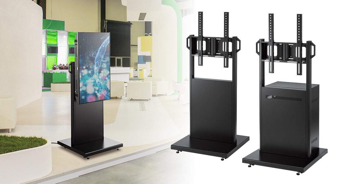 もしもの時も転倒しにくい安全設計、42～55型対応デジタルサイネージ