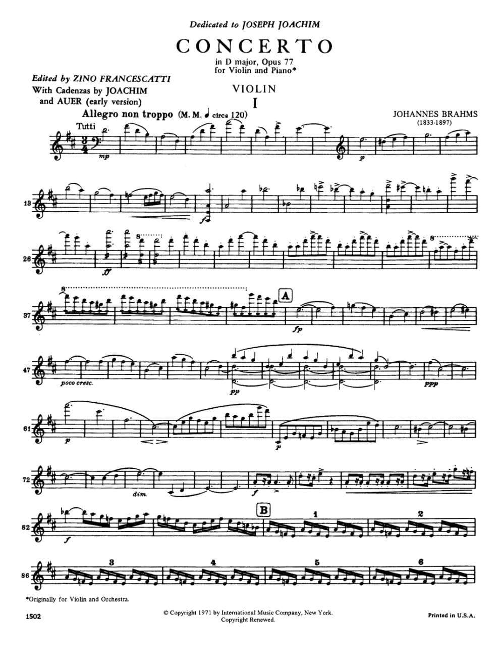 Brahms, Johannes - Concerto in D Major, Op 77 - Violin and Piano - edi