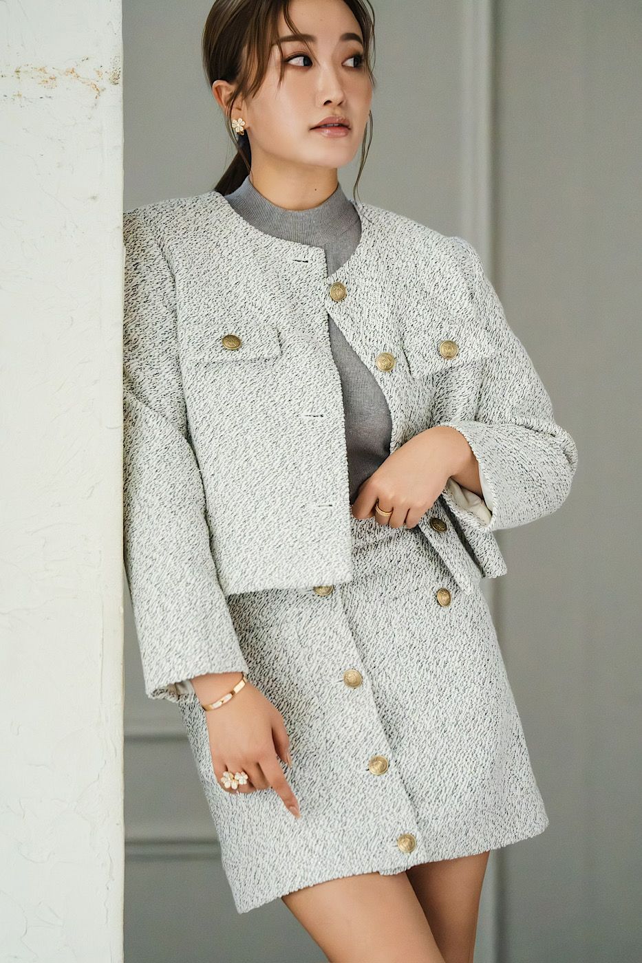 Glitter tweed button skirt – shéller / シェリエ