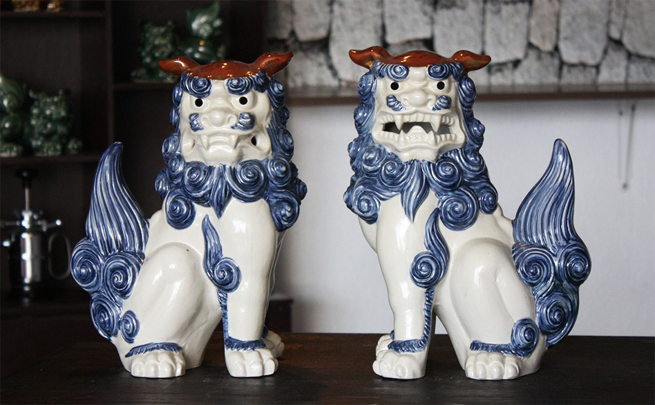 伝統鋳込みシーサー立横（三色）作 宮城勝一郎