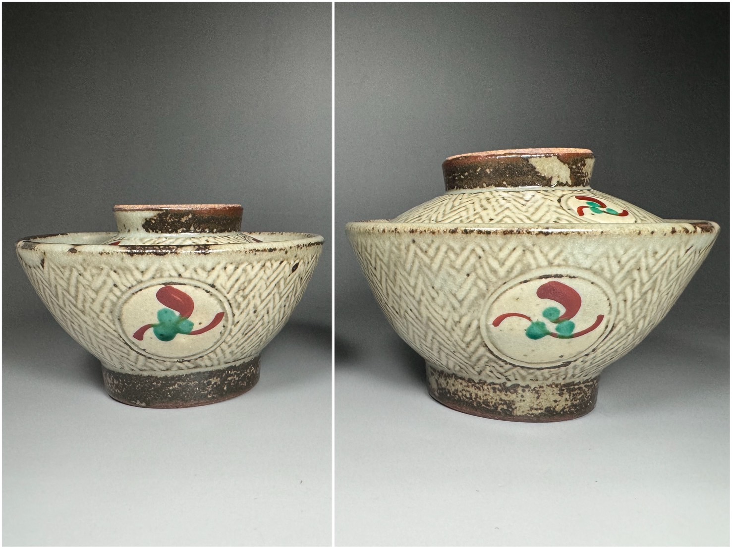 人間国宝 島岡達三「象嵌赤絵草花文夫婦茶碗」「地釉象嵌縄文建水」共