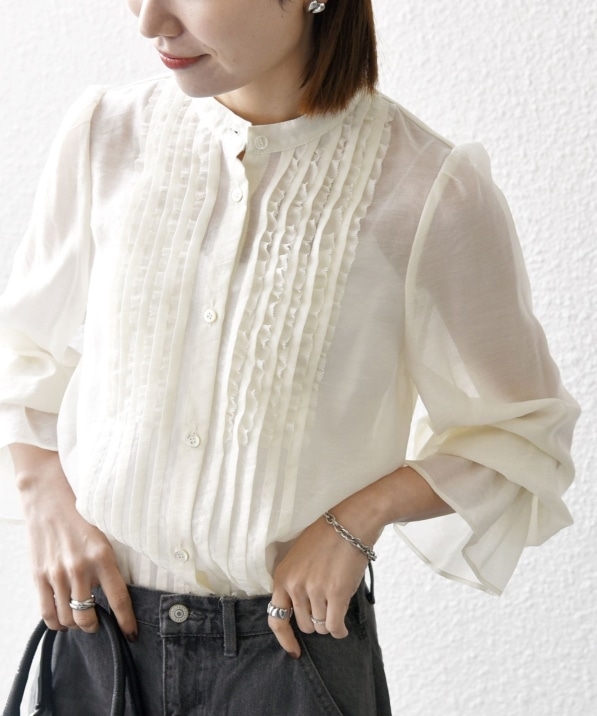 SHIPS any:〈手洗い可能〉シアー フリル バンドカラー シャツ ブラウス