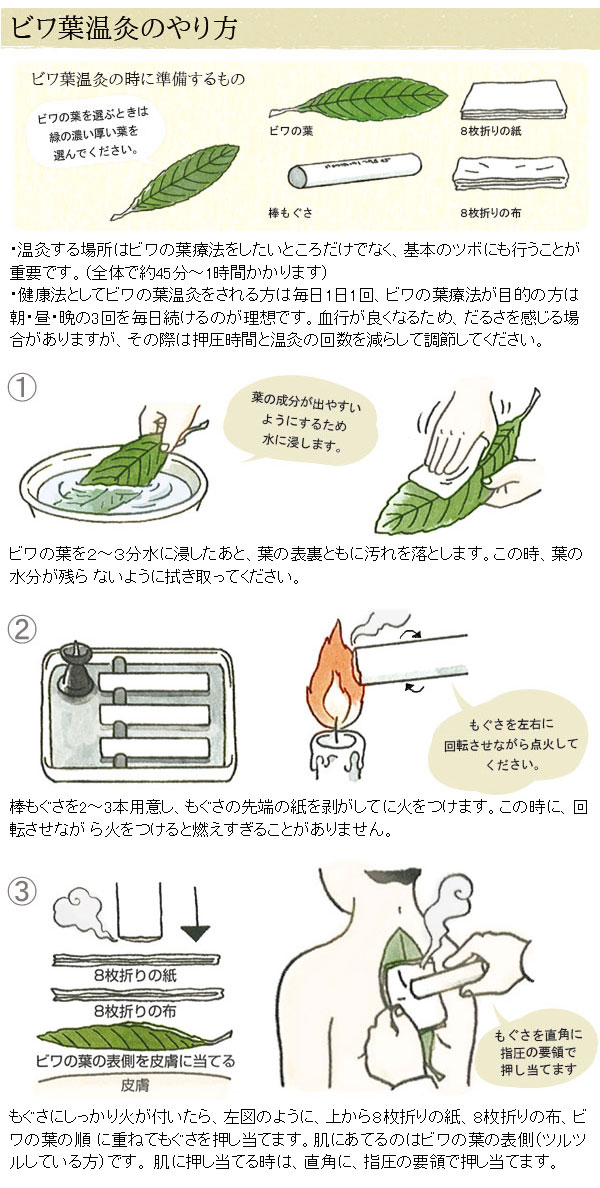 ビワ葉温灸療法はじめてセット（太棒もぐさ温灸セットとビワの葉自然
