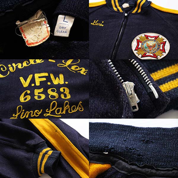 60s VFW チェーン刺繍 メルトン ウール ジップスタジャン L