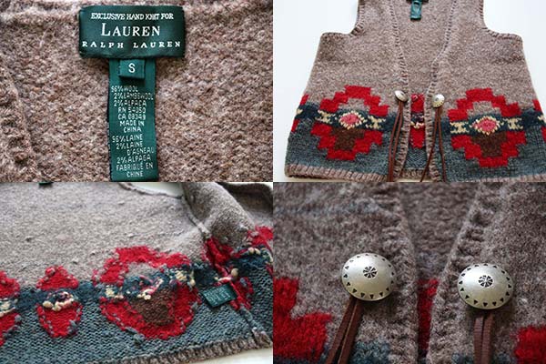 00s LAUREN ラルフローレン ネイティブ柄 ウール ハンドニット ベスト