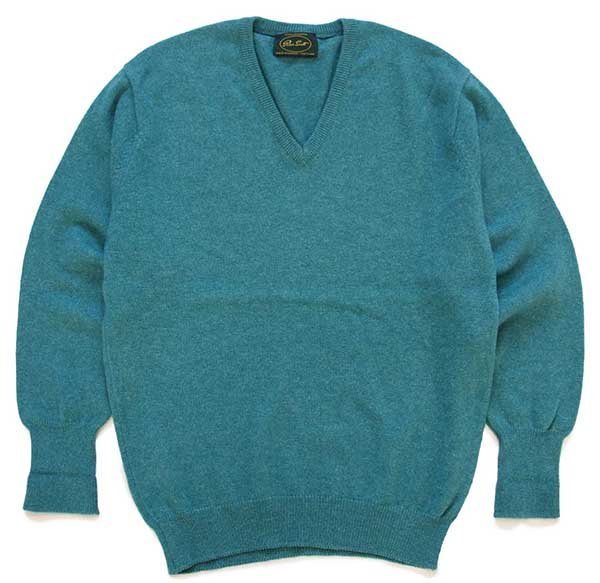 スコットランド製 Peter Scott 無地 Vネック ウールニット セーター 青