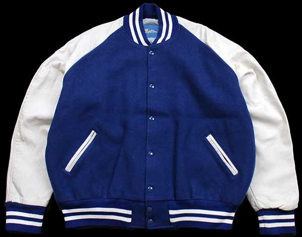90s USA製 gem SPORTSWEAR メルトン ウール 袖革スタジャン 青×白 XL