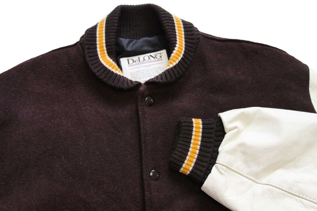 90s USA製 DeLONGデロング メルトン ウール 袖革スタジャン 焦げ茶×白