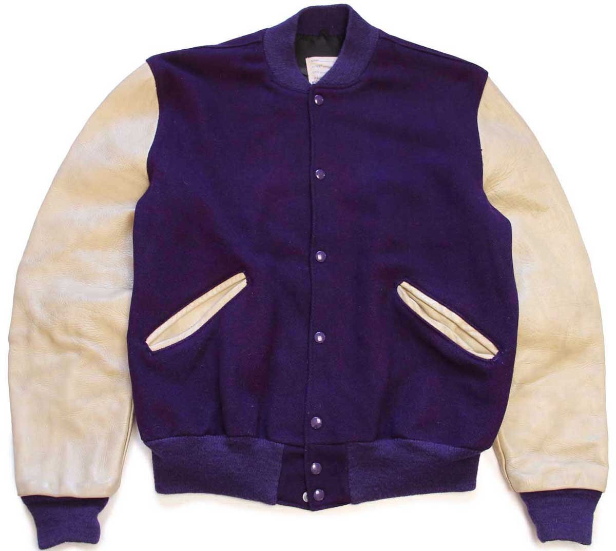 70s DeLONGデロング メルトン ウール 袖革スタジャン 紫×ベージュ 44L