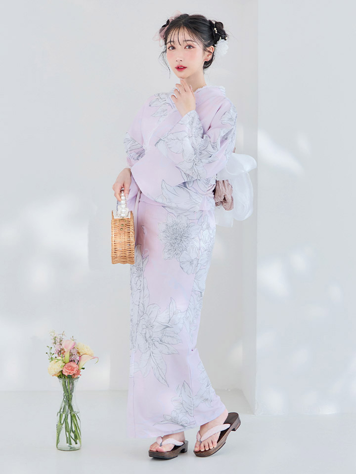 即日発送！】Riuコラボ ライトピンクx百合リボン浴衣【浴衣3点セット