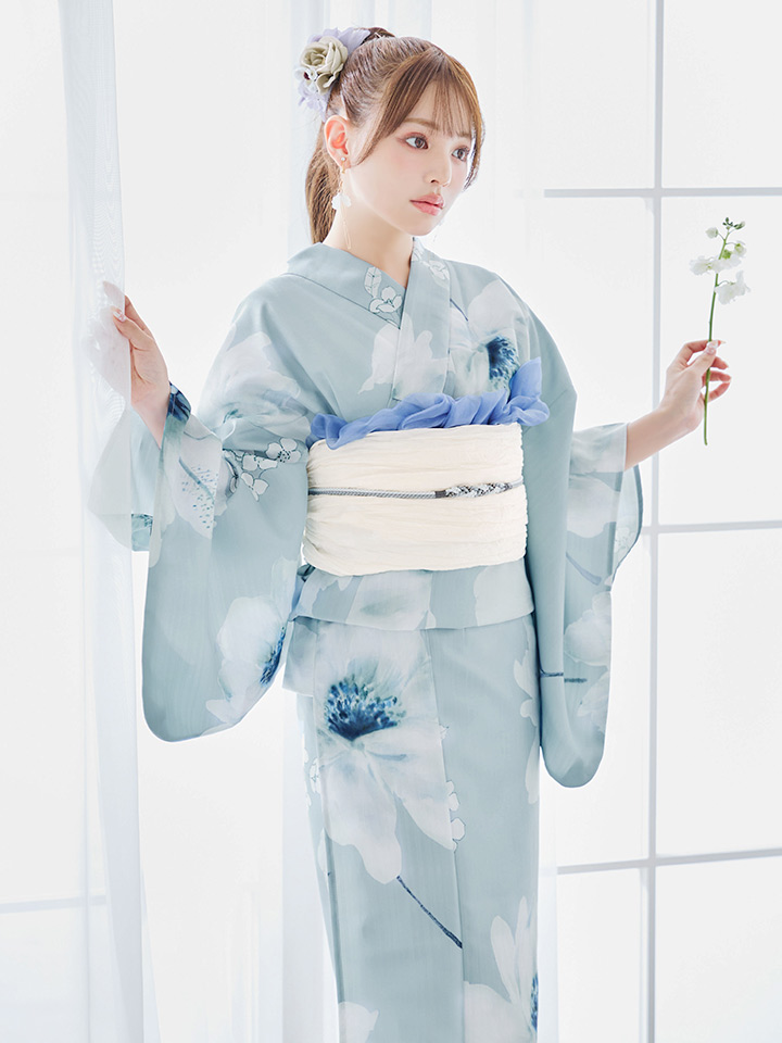 即日発送】ブルーホワイトフラワー柄浴衣【浴衣3点セット 浴衣/帯