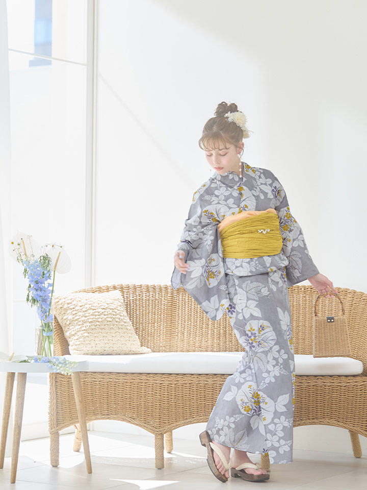 即日発送】グレー×フラワー浴衣【浴衣3点セット 浴衣/帯/下駄】[OF04