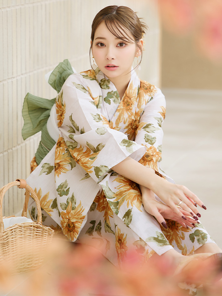 即日発送】水彩向日葵浴衣【浴衣3点セット 浴衣/帯/下駄】[OF04