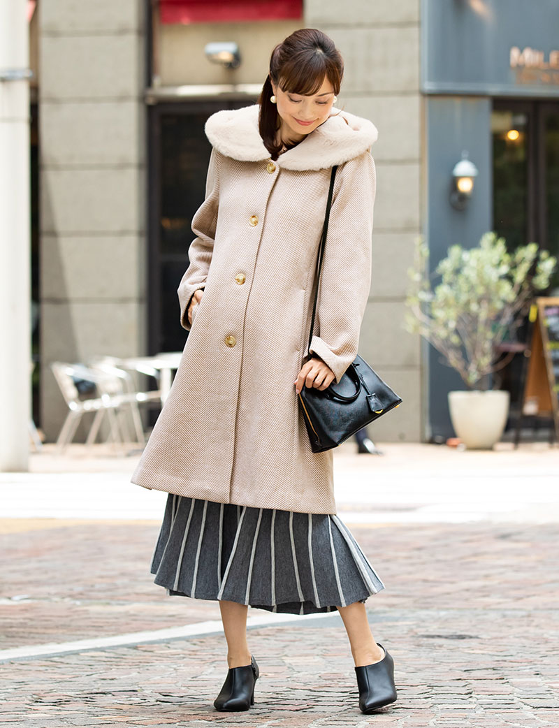 襟3WAY！エコファー付き ニットツイード ママコート 産前産後兼用