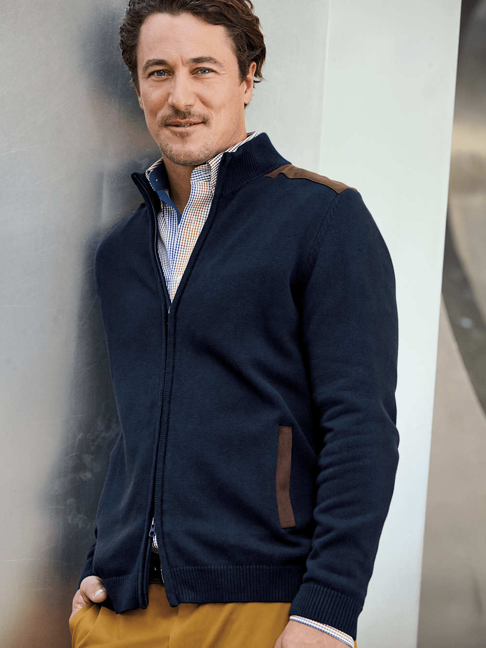 Cotton Full Zip Mock Neck Sweater - Navy – Paul Fredrick