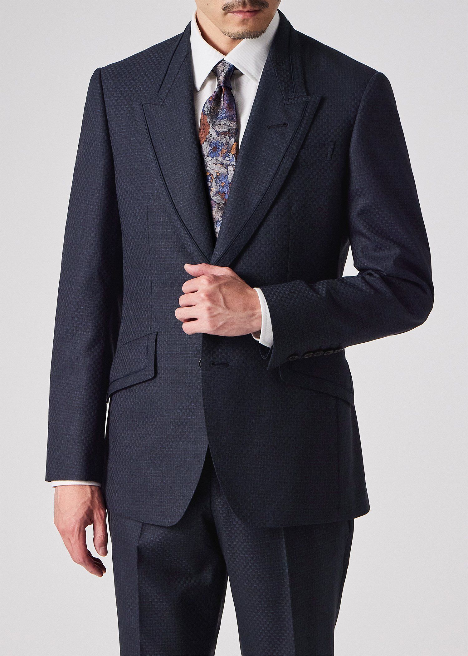 テクスチャードチェック ピークドラペル スーツ（ネイビー） ｜ポール