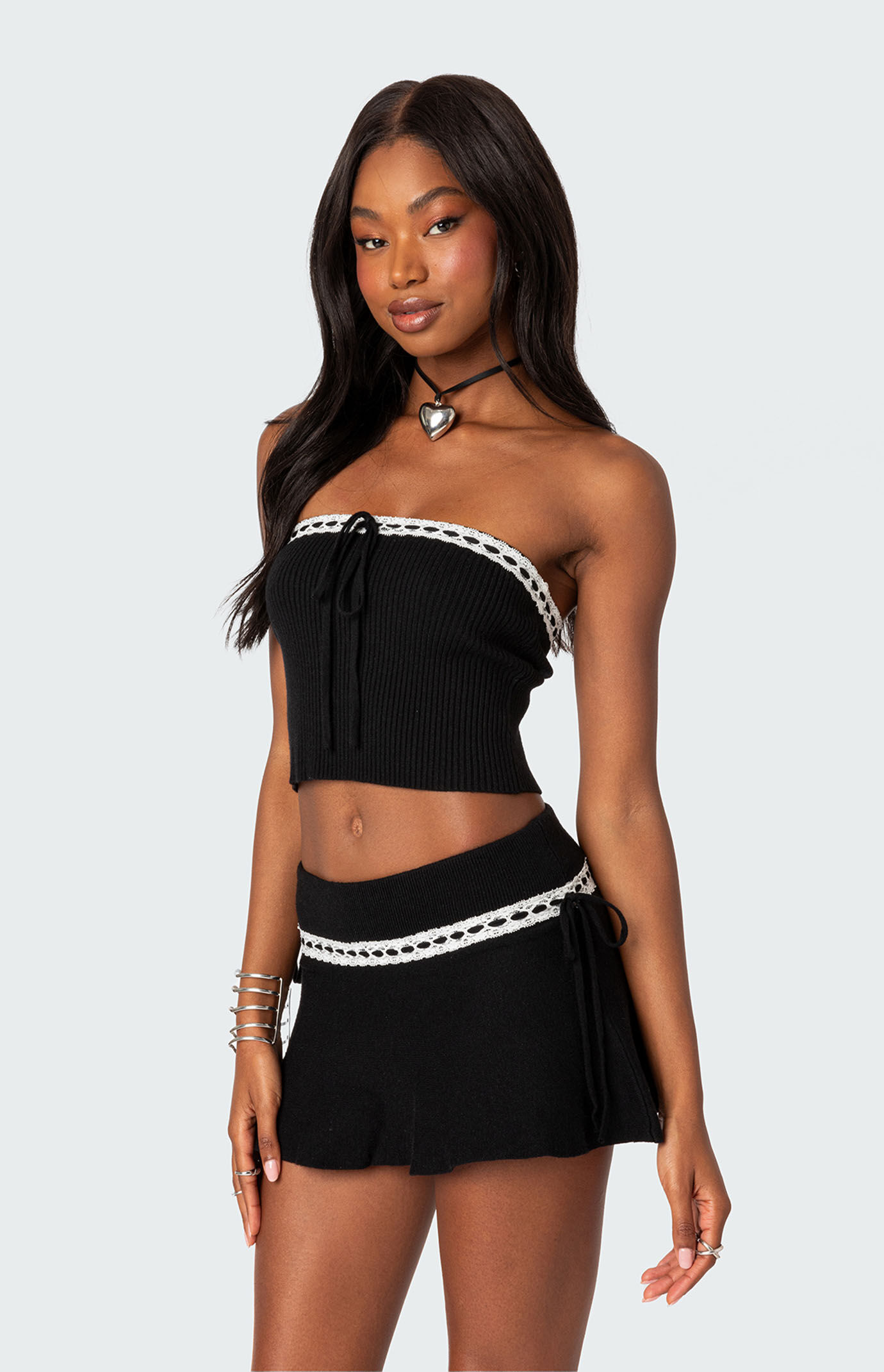 Edikted Khloe Lacey Bow Ribbon Knit Tube Top | Pacsun