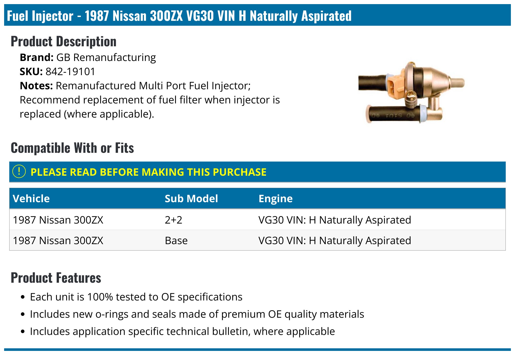 1987 Nissan 300ZX Fuel Injector - GB Remanufacturing 842-19101
