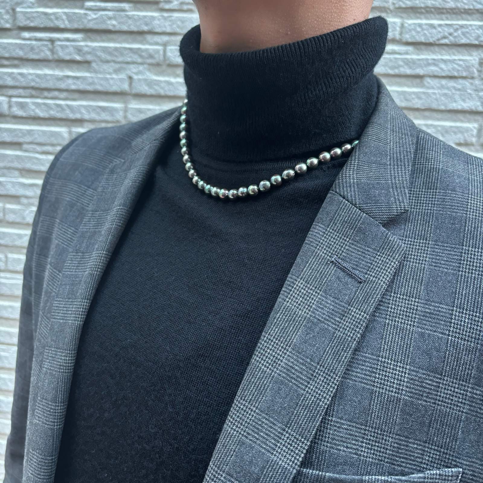 黒真珠 メンズパールネックレス ブラック(グリーン系〜紫) 7-7.5mm