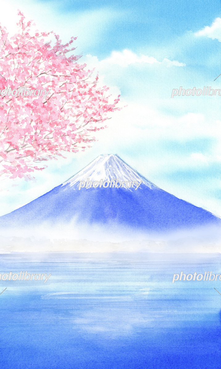 湖に映る富士山と桜の水彩画 縦長 イラスト素材 [7414624] - フォト