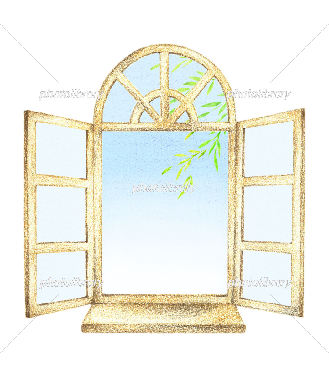 洋風の窓から見える緑と青空 手描き色鉛筆画 イラスト素材 [7042384