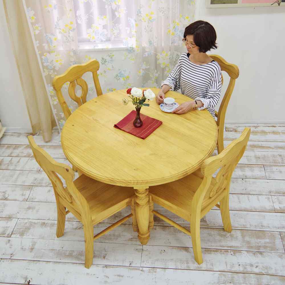 110cm丸型カントリーダイニングテーブル4人掛セット｜パインチェア4脚