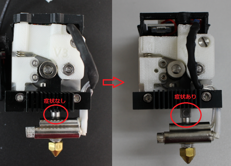 127積層目 ノズルヒーターの根元にフィラメントが溜まる（TPU/PLA用